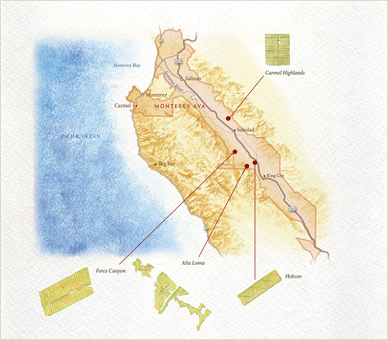 Map of Monterey AVA with Carmel Highlands, Hobson, Alta Loma, and Force canyon vineyards marked
