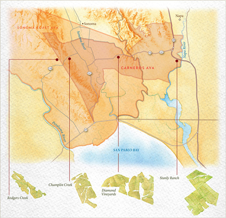 Map of Carneros and Sonoma Coast AVAs with Stanly Ranch, Diamond Vineyards, Champlin and Rodgers Creek vineyards marked